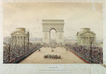Napoleon III:s intåg i Paris, genom Triumfbågen, den 2 december 1852 (wc och gravyr)
